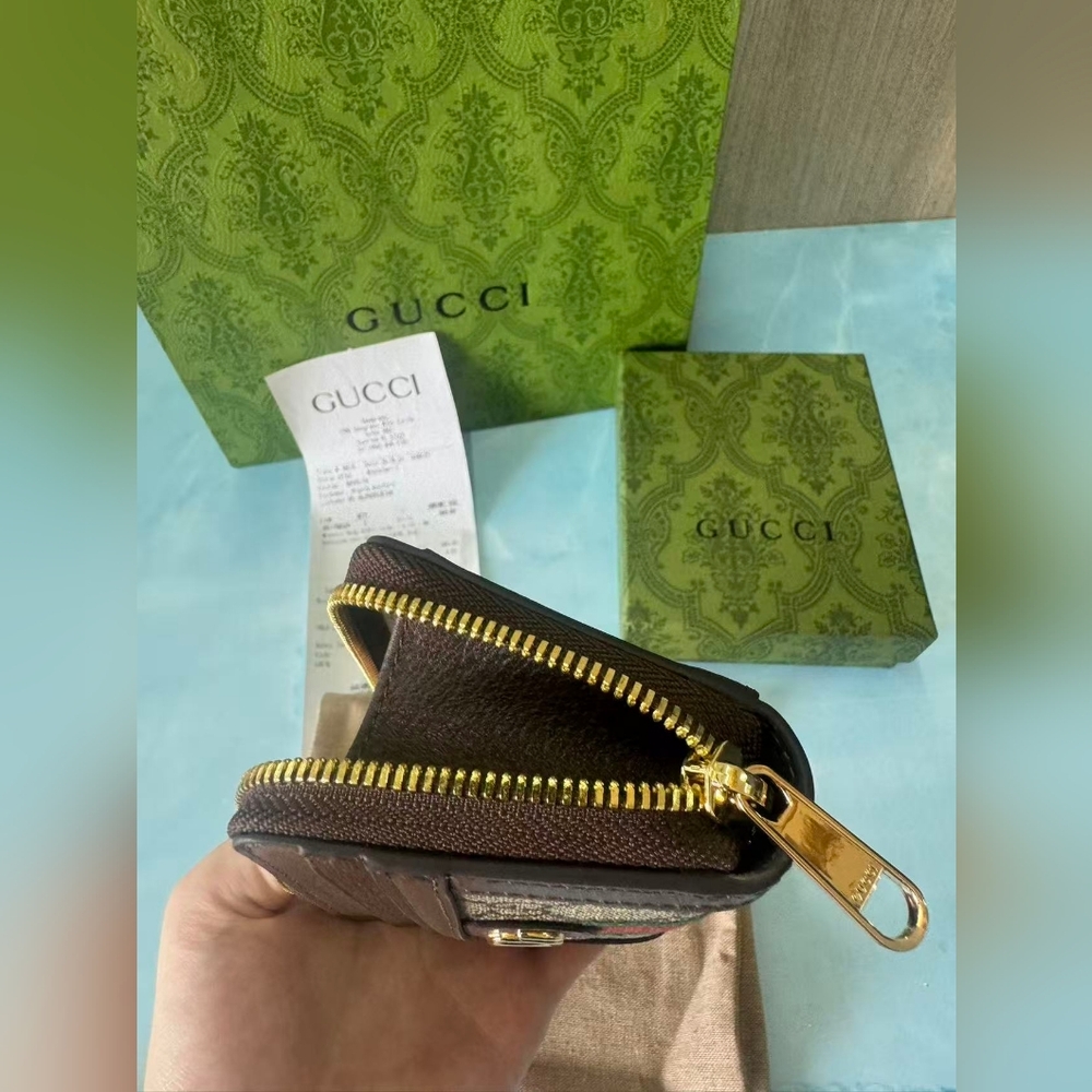 Gucci GG Canvas and Brown Leather Zip Card Holder - Beige/Brown/Green-Red - Picture 5 of 11
